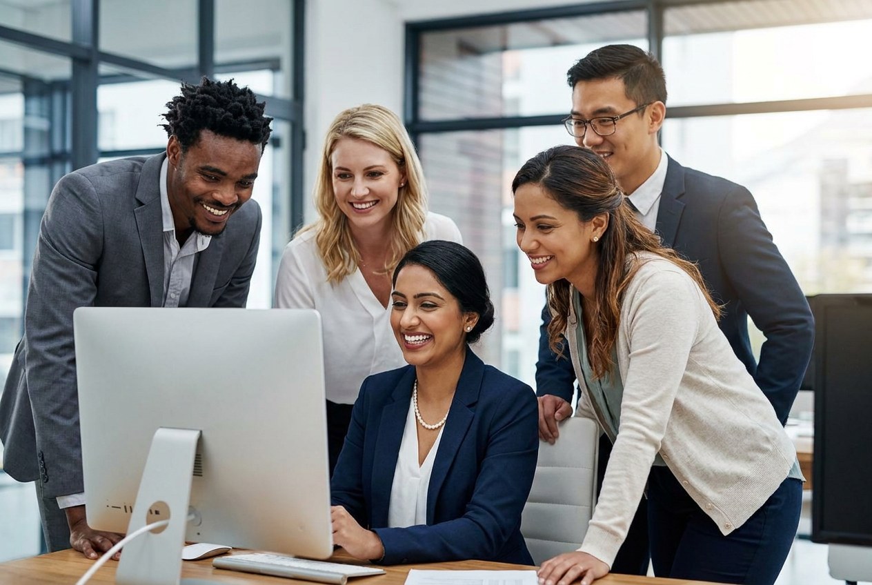 Colleagues smiling together around a desktop computer