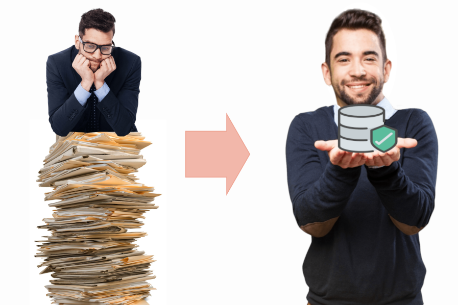 Exhausted analyst on pile of documents, happy analyst holding a database with a tick