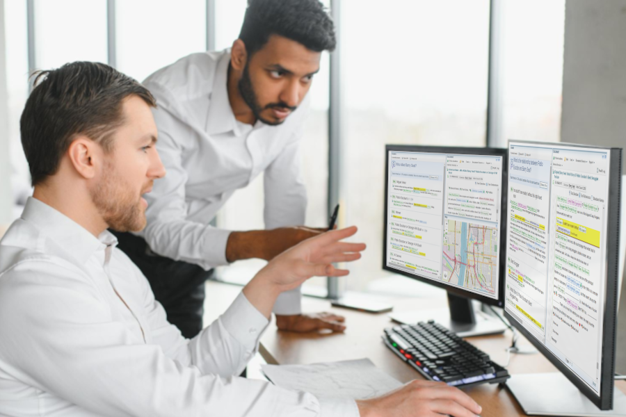 Two analysts using Sintelix and looking at the monitor.