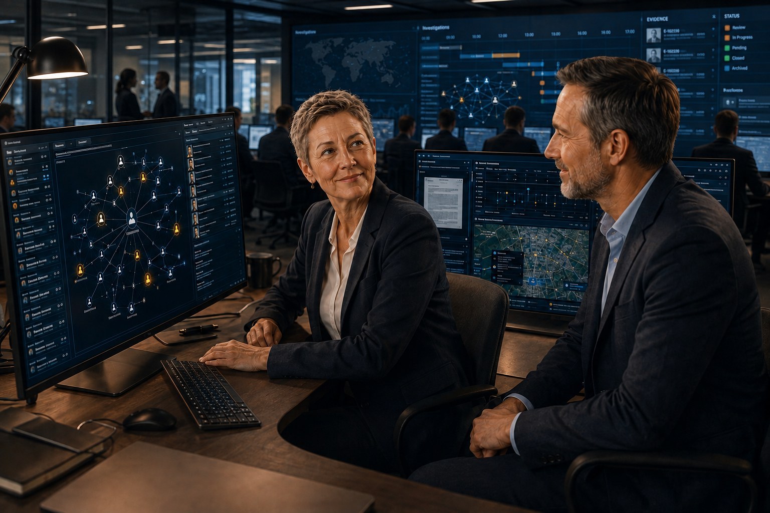 Two analysts reviewing a Sintelix entity network graph, case timeline and map across desktop monitors in an operations centre.